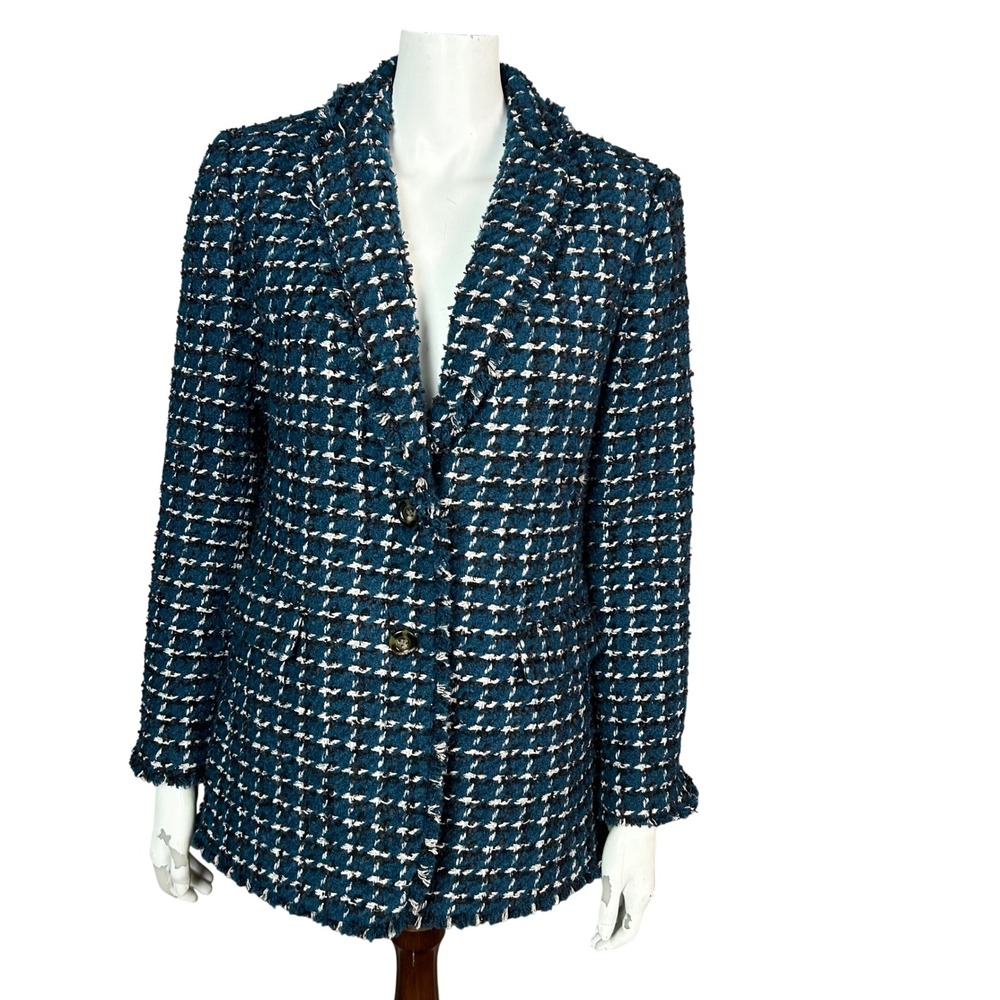Ann Taylor Blue Tweed Blazer Size 6 Plaid Long teal Office